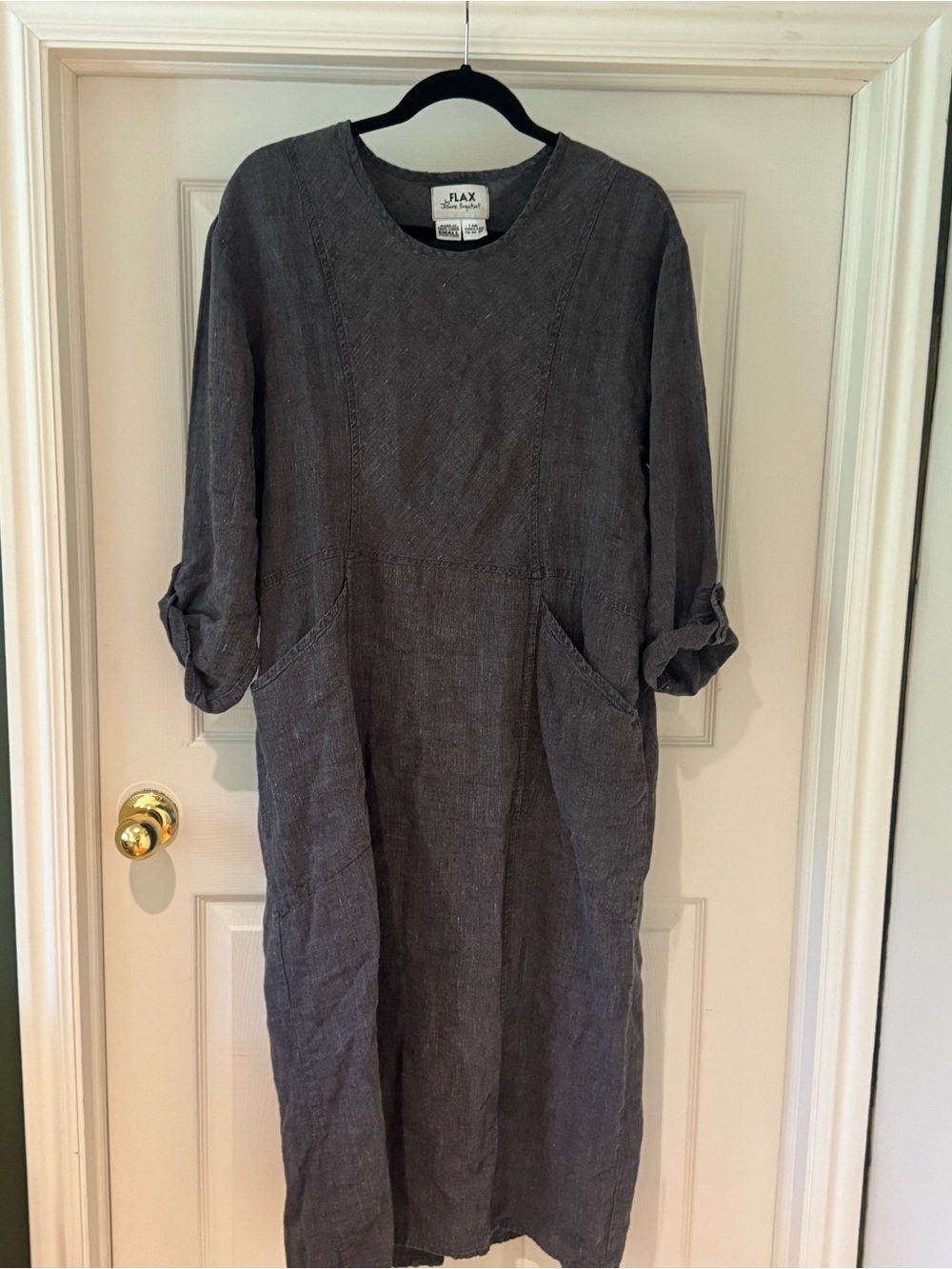 Flax by Jeanne Engelhart Linen Maxi Dress S Grey Lagenlook Art Teacher TunicFlax